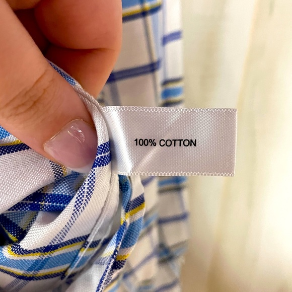 Allen Edmonds White Blue Yellow Plaid Cotton Classic Button Down Shirt Men’s LG - Picture 5 of 6